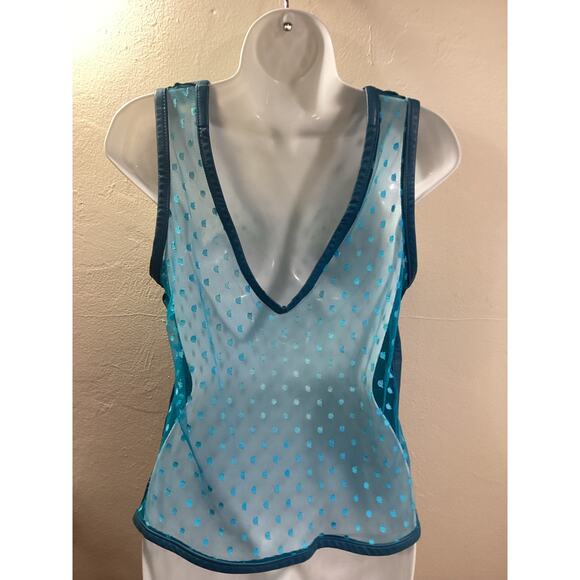 Awesome Teal Blue Cut Leather Sheer Mesh Back Rocker Vintage Sleeveless Top M - Picture 6 of 6
